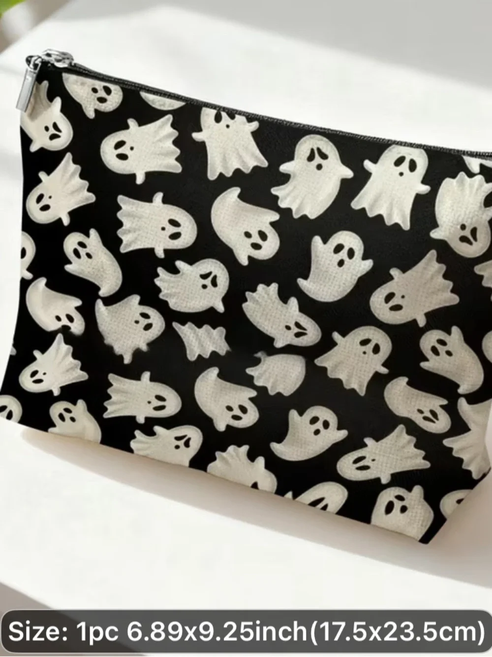 Ghost Halloween Themed Print Cosmetic Pouch in Black & White